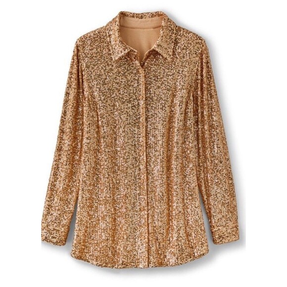 Soft Surroundings Sancerre Sequin Shirt Gold Button Up Petite Large 3GB2650802 - Picture 6 of 13
